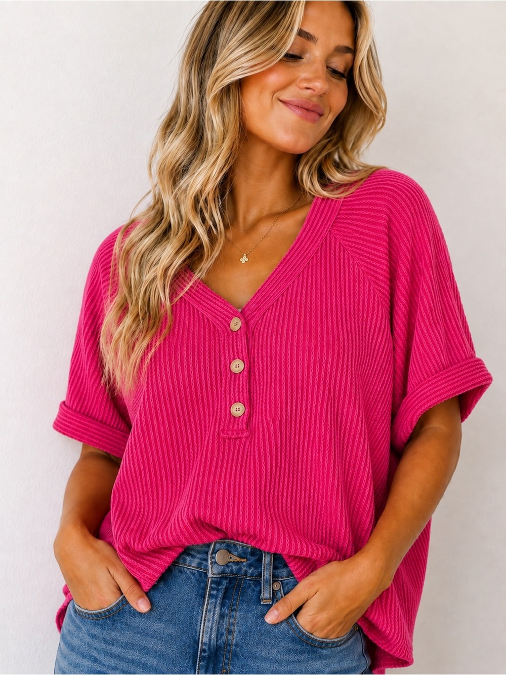 Andrée by Unit Pink Textured Button Top Plus Size 3X